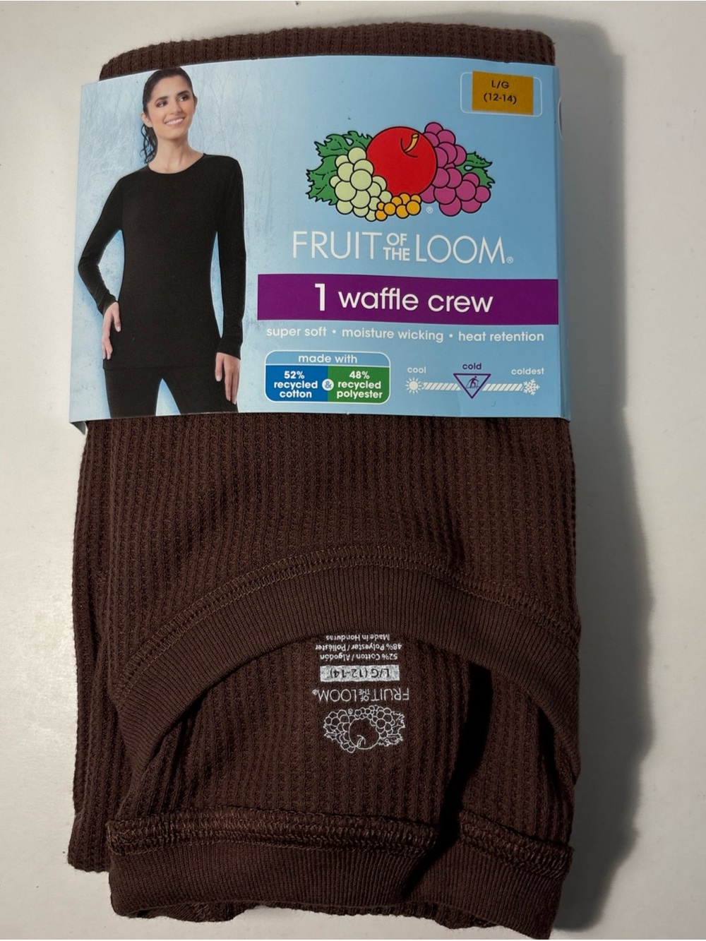 Fruit of the Loom Brown woman’s Waffle Knit Crew Shirt-large new